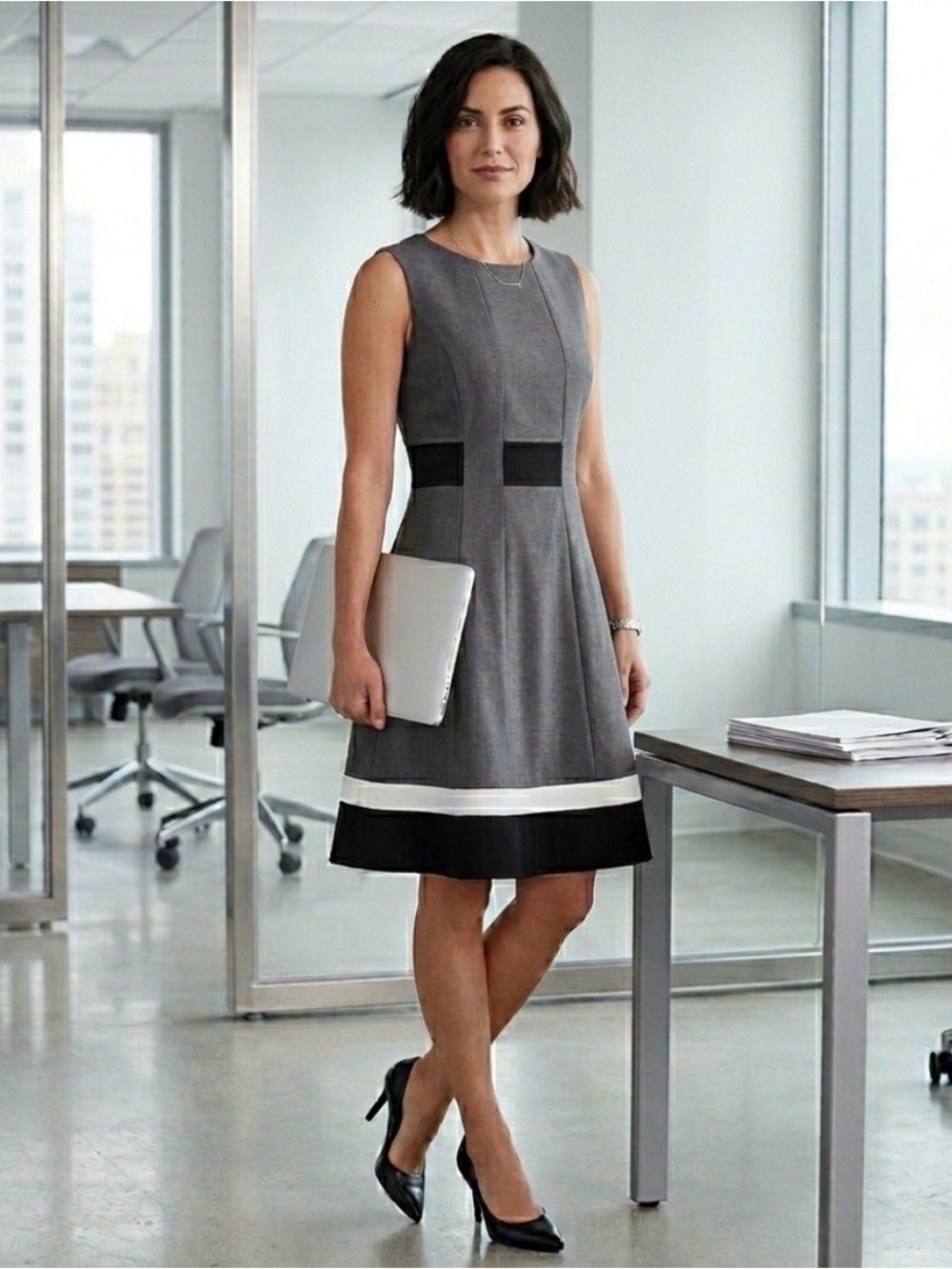 Calvin Klein Gray Sleeveless A-Line Dress with Black & White Bands